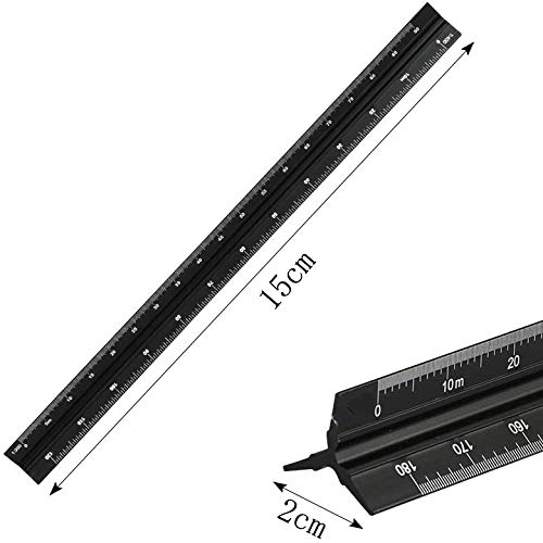 1 regla de escala de metal para arquitectos ingenieros regla de escala triangular 15 cm de aluminio 1:20, 1:25, 1:50, 1:75, 1:100, 1:125 (negro)