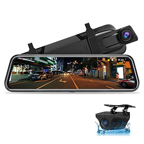 10" Mirror Dash CCM Pantalla Tácti Retrovisor, Delantera y Trasera 1080P Streaming Media con Cables de 10 m Lente Doble Súper Visión Nocturna Gran Angular de 170 ° Monitor de estacionamiento