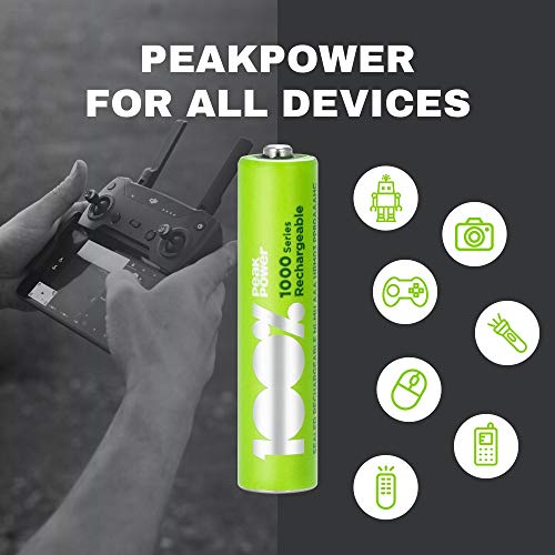 100% PeakPower 12 x Pilas Recargables AAA 1000 Series | Capacidad mínima Garantizada 800 mAh NiMH | Pilas AA Recargables Que Vienen precargadas Listas para Usar | Bajo Nivel de autodescarga