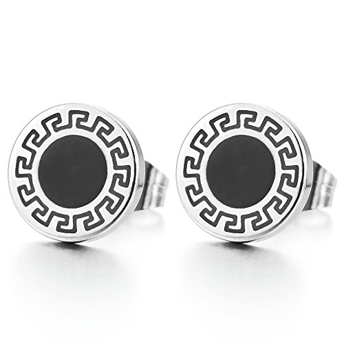 10MM Círculo Pendientes con Modelo Dominante Griego y Esmalte Negro para Hombres Mujer, Acero Inoxidable, 2 Piezas