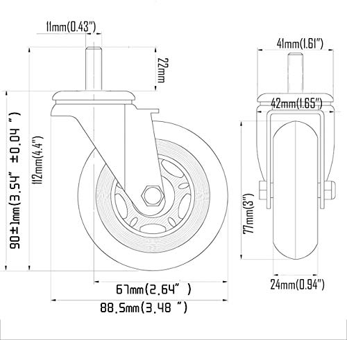 11x22 mm Ruedas para Silla Oficina, WASJOYE 5Pcs Ruedas para Muebles, Ruedas de Repuesto Caster Silencioso y Seguro para Cualquier Lugar (75mm(3'') - MAX 250kg)