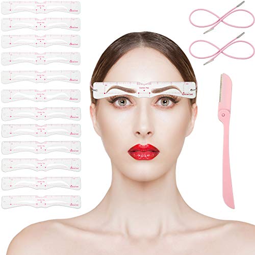 15 Piezas Kit Moldeador Plantilla de Cejas, Incluye 12 Pares Plantilla de Cejas Reutilizable Plantilla de Modelado de Cejas, 2 Piezas Correas, Navaja de Cejas para Mujeres Herramienta de Maquillaje