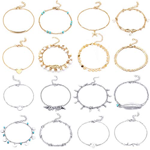 16 Piezas de Tobillera de Playa Ajustable Tobillera Boho Joyería de Pies de Cadena de Tobillo para Mujeres Niñas (Chapado de Plata y Oro)