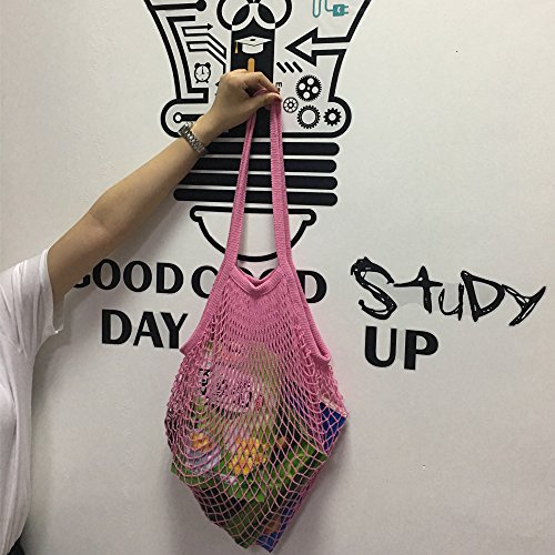 2 bolsas de malla de algodón lavable, para compra o como bolso de mano, portátiles, reutilizables, con asa larga para llevar al hombro, algodón, Lyellow Lpink, Large