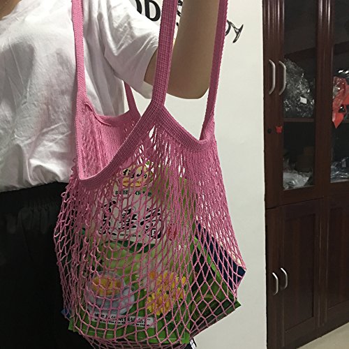 2 bolsas de malla de algodón lavable, para compra o como bolso de mano, portátiles, reutilizables, con asa larga para llevar al hombro, algodón, Lyellow Lpink, Large