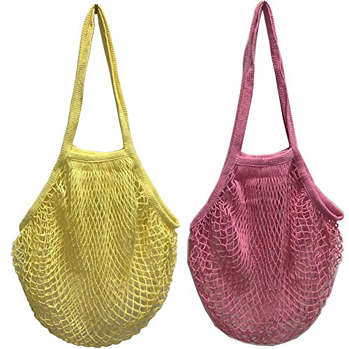 2 bolsas de malla de algodón lavable, para compra o como bolso de mano, portátiles, reutilizables, con asa larga para llevar al hombro, algodón, Lyellow Lpink, Large