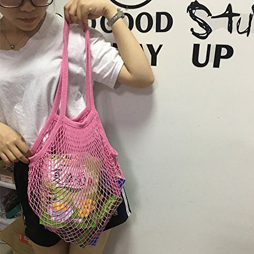 2 bolsas de malla de algodón lavable, para compra o como bolso de mano, portátiles, reutilizables, con asa larga para llevar al hombro, algodón, Lyellow Lpink, Large