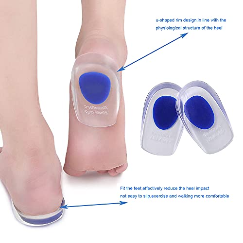 2 pares de copas de gel para talón, almohadillas de silicona para fascitis plantar, dolor de talón y de Aquiles, talones de gel y cojines de apoyo absorbente (azul/grande)