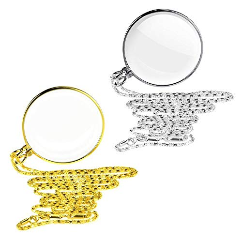 2 Piezas Loupe Cadena Joyas Lupa con 5x Collar de Lupa de Cristal Óptico Colgante, Lupa Para Colgar, Lente de Monóculo Portátil con Lupa Monóculo Collar Lupa con Lupa (Oro/Plata) (Oro/Plata)