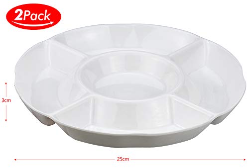 2 Piezas Plato de Snacks, Plato Aperitivos de Plástico de 5 compartimentos para Frutas Aperitivos o Dulces - 25 x 3 cm, Blanco