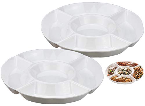 2 Piezas Plato de Snacks, Plato Aperitivos de Plástico de 5 compartimentos para Frutas Aperitivos o Dulces - 25 x 3 cm, Blanco