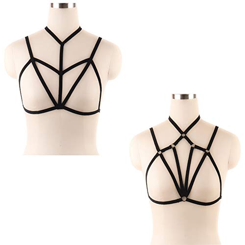 2 Piezas Sujetador de Arnés de Mujer, Mujeres Sujetador Elástico Cage Bra Strappy Hollow out Halter Bra Bustier Top