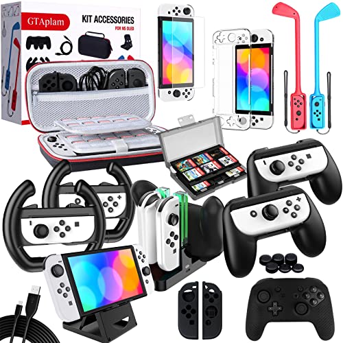 [22 en 1] GTAplam Case Accesorios Kit Compatible con Nintendo Switch OLED, Paquete De Accesorios De Viaje con Estuche De Transporte Protector De Pantalla Agarres para El Pulgar Tapas Y Más