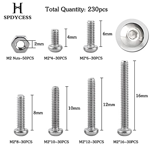 230 Piezas Juego de Tornillos y Tuercas - M2 Tornillo de Cabeza de Botón Surtido Kits con Caja de Almacenamiento + Llaves Allen, Acero Inoxidable SPDYCESS