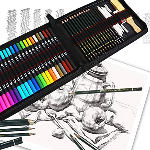 24 Rotuladores Doble Punta Fina Acuarelables y 21Pcs Profesional Dibujo de Arte y Lápiz Dibujo Conjunto de Lápiz de Carbón,Rotuladores Permanentes de Colores para Arte Dibujo,Incluye Grande Caja lápiz