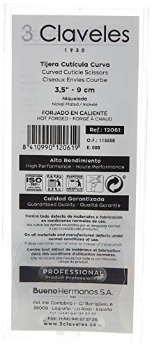 3 Claveles Tijeras De Manicura, Curvas, Acero Carbono - 3.5" (9 Cm), Para Cortar Cutículas, Niquelada, color Gris, 9 cm, 30 g