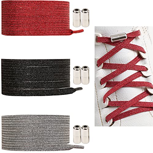 3 Pares Cordones Elasticos Niños Cordones Elásticos Sin Nudo con Hebilla Metal Cordones Universales para Niños y adultos, No es Necesario Atar Cordones de Zapatos (Red+Black+Silver)