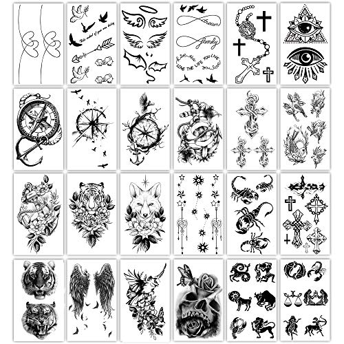 36 hojas de pegatinas de tatuajes temporales, 12 hojas de tatuajes falsos de cuerpo, brazo, pecho, hombro, tatuajes para hombres o mujeres con 24 hojas de tatuajes temporales negros diminutos.