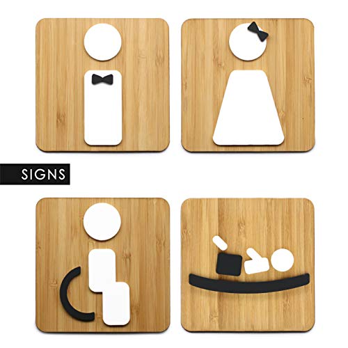 3DP Signs - Styled Knot, Set 4X- Cartel Aseos Señales Adhesivas - Cartel Baño Hombre Mujer Discapacitado Cambiador - Cartel Puerta Señal aseos - Cartel Cambiador Bebe (Prime Cuadrado - Bambú)