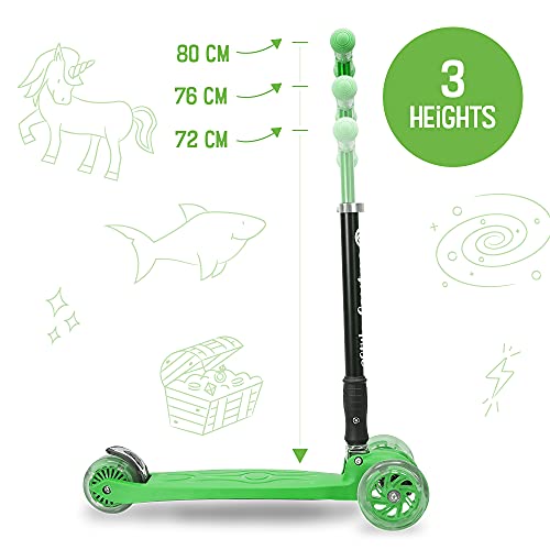 3StyleScooters® RGS-2 Patinete Scooter Tres Ruedas para Niños Niños de 5 Años o Más con Luces LED en Las Ruedas, Diseño Plegable, Manillar Ajustable, Peso Ligero (Verde)