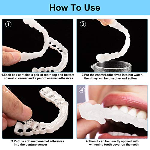 4 Pares Dientes de Carillas Cosméticos Dientes Dentaduras Temporales Instantáneos Dentaduras Comodidad Broche de Presión de Carillas Superiores e Inferiores para Dientes Malos.