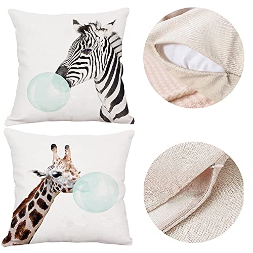 4 Piezas Funda de Almohada Animal, Funda de Almohada de Lino, Cojín de Decoración para El Cabello, Hay Fundas de Almohada de Jirafa, Koala, Ciervo Sika y Cebra, para Sofás y Dormitorios, Ropa de Cama