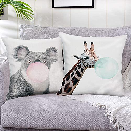 4 Piezas Funda de Almohada Animal, Funda de Almohada de Lino, Cojín de Decoración para El Cabello, Hay Fundas de Almohada de Jirafa, Koala, Ciervo Sika y Cebra, para Sofás y Dormitorios, Ropa de Cama