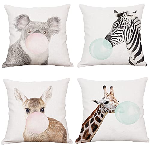 4 Piezas Funda de Almohada Animal, Funda de Almohada de Lino, Cojín de Decoración para El Cabello, Hay Fundas de Almohada de Jirafa, Koala, Ciervo Sika y Cebra, para Sofás y Dormitorios, Ropa de Cama