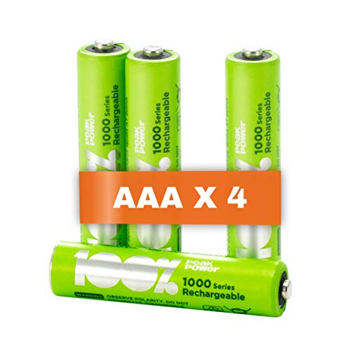 4 x Pilas Recargables AAA 100% PeakPower 1000 Series | Capacidad mínima Garantizada 800 mAh NiMH | Pilas AAA Recargables Que Vienen precargadas Listas para Usar | Bajo Nivel de autodescarga