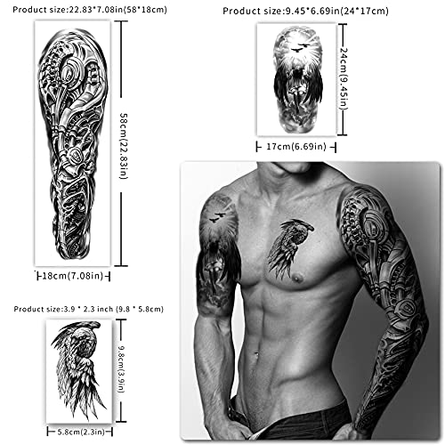 46 hojas de Tatuajes Temporales de Calavera de Brazo Completo para Hombres, Tatuaje de ángel de medio brazo y hombro para damas, falso impermeable, lobo, león, piedra, tatuaje, pegatinas para adultos