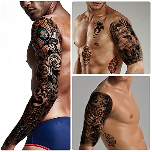 46 hojas de Tatuajes Temporales de Calavera de Brazo Completo para Hombres, Tatuaje de ángel de medio brazo y hombro para damas, falso impermeable, lobo, león, piedra, tatuaje, pegatinas para adultos