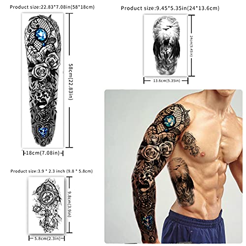 46 hojas de tatuajes temporales impermeables de brazo completo para hombres, tatuajes falsos de animales de flor de tigre león para mujeres adultas, tatuaje de mano en el antebrazo y hombro en 3D