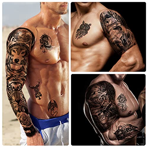 46 hojas de tatuajes temporales impermeables de brazo completo para hombres, tatuajes falsos de animales de flor de tigre león para mujeres adultas, tatuaje de mano en el antebrazo y hombro en 3D