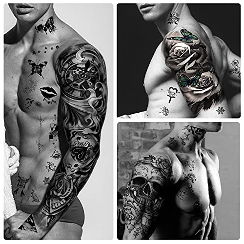 46 hojas grandes de tatuajes temporales de manga de brazo completo para hombres y mujeres, pegatinas de tatuajes falsos impermeables de flores de animales en el hombro del antebrazo para adolescentes