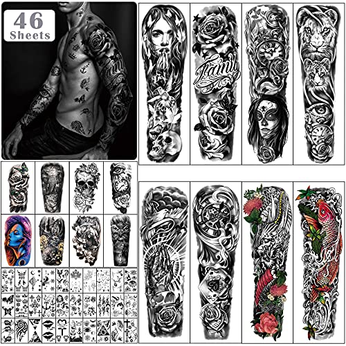 46 hojas grandes de tatuajes temporales de manga de brazo completo para hombres y mujeres, pegatinas de tatuajes falsos impermeables de flores de animales en el hombro del antebrazo para adolescentes