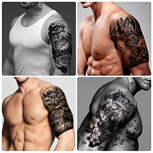 46 hojas grandes de tatuajes temporales de manga de brazo completo para hombres y mujeres, pegatinas de tatuajes falsos impermeables de flores de animales en el hombro del antebrazo para adolescentes