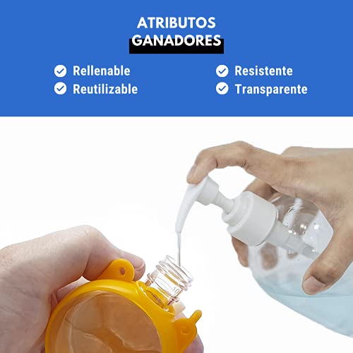 5 Botes dispensadores de Gel 30ml para niñas, diseño Infantil. Botes de Gel pequeños, Recargables, Ideales para Llevar en Tus Viajes. Se Incluyen 5 Hebillas. (Circular Amarillo)