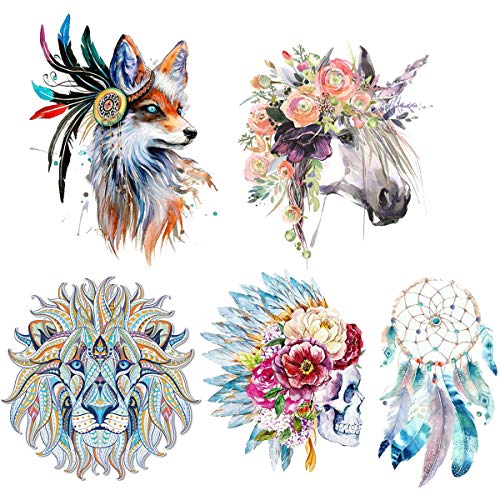 (5 hojas) Unicornio Transferencia térmica de hierro en parches, MWOOT Flor cráneo patrón Dream Catcher Wolf Lion parches calcomanías de transferencia de calor para mujeres, hombres, camiseta, jeans