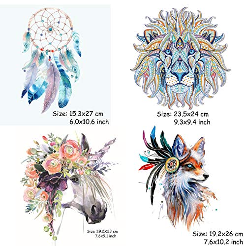 (5 hojas) Unicornio Transferencia térmica de hierro en parches, MWOOT Flor cráneo patrón Dream Catcher Wolf Lion parches calcomanías de transferencia de calor para mujeres, hombres, camiseta, jeans