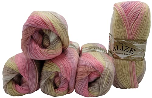 5 ovillos de 100 g de lana para tejer Angora Gold Multicolor con degradado, 500 gramos de hilo con 20% de lana (lila, rosa albaricoque crema 2807)