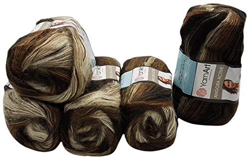 5 ovillos de 100 g de ovillo YarnArt Angora Active multicolor con degradado de color, 500 gramos de hilo para tejer con 25% de lana mohair (marrón oscuro, crema 849)