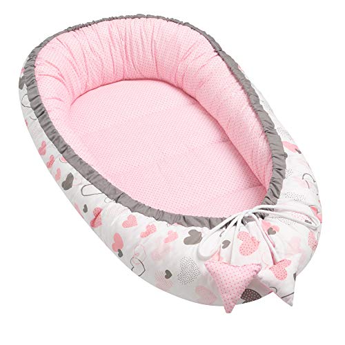 5 piezas Juego de equipamiento para bebé, incluye nido de 50 x 90 cm, cojín cervical, cojín plano, colchón para bebé, manta – hipoalergénica, suave, para bebés de 0 a 7 meses (Hearts)