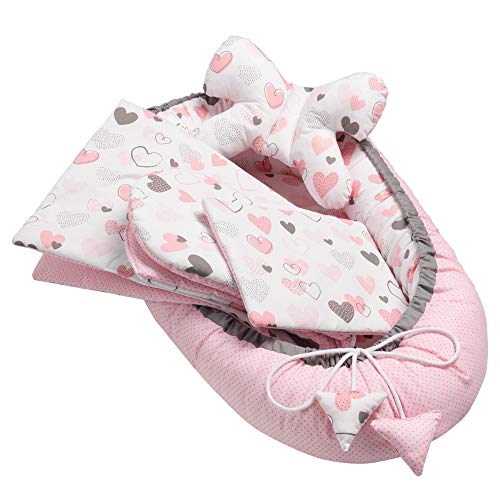 5 piezas Juego de equipamiento para bebé, incluye nido de 50 x 90 cm, cojín cervical, cojín plano, colchón para bebé, manta – hipoalergénica, suave, para bebés de 0 a 7 meses (Hearts)