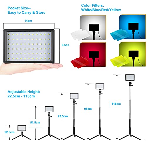 5600K Luz LED de Video 2-Pack, Luz Fotografia, Bonvvie Luz de Cámara Regulable USB con Trípode Ajustable y Filtros de Color para Tomas de ángulo Bajo, Iluminación de Videoconferencia, Zoom, Youtube