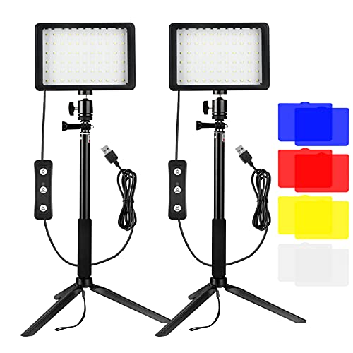 5600K Luz LED de Video 2-Pack, Luz Fotografia, Bonvvie Luz de Cámara Regulable USB con Trípode Ajustable y Filtros de Color para Tomas de ángulo Bajo, Iluminación de Videoconferencia, Zoom, Youtube