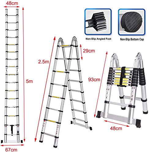 5M Escaleras Plegables Aluminio, Escalera Telescópica 16 Escalones Antideslizantes - 2,5M+2,5M Escalera Extensible Multifunción Carga 150kg (5M (2,5M + 2,5M))