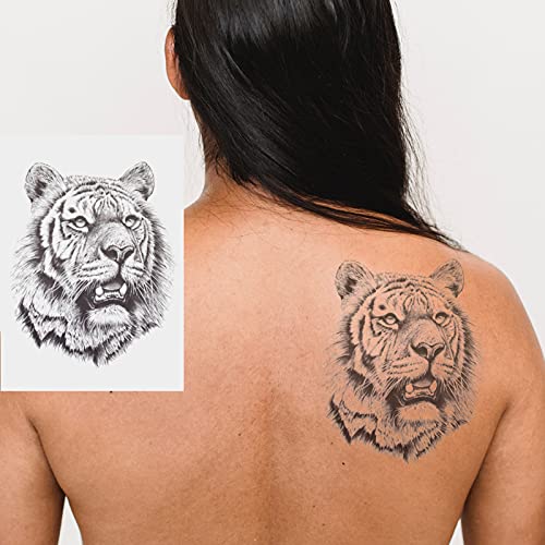 6 Hojas de Pegatinas de Tatuaje Temporal de Tigre León, Pegatinas de Tatuaje Falso de Cara de Tigre León, Tótem de Tigre León Realista con Dibujo Negro para Hombres o Mujeres