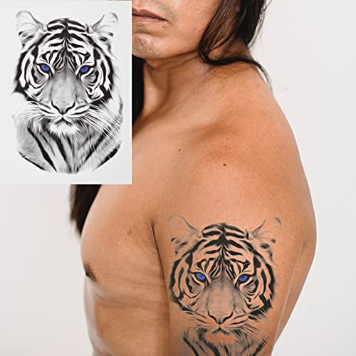 6 Hojas de Pegatinas de Tatuaje Temporal de Tigre León, Pegatinas de Tatuaje Falso de Cara de Tigre León, Tótem de Tigre León Realista con Dibujo Negro para Hombres o Mujeres