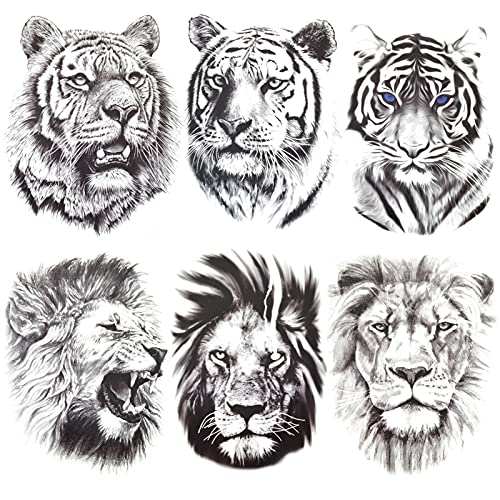 6 Hojas de Pegatinas de Tatuaje Temporal de Tigre León, Pegatinas de Tatuaje Falso de Cara de Tigre León, Tótem de Tigre León Realista con Dibujo Negro para Hombres o Mujeres