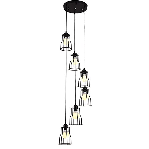 6 luces araña retro LED E27, 30 * 150cm, escalera lámpara industrial colgante de luz negro, Duplex lámpara escalera de caracol piso para sala de estar, hierro forjado sombra, bombillas incluye